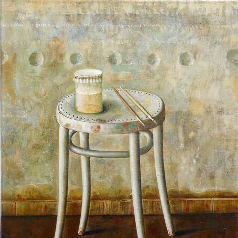 Kraemer, Stuhl im Atelier, 2000, 85 x 70, Öl auf Lw